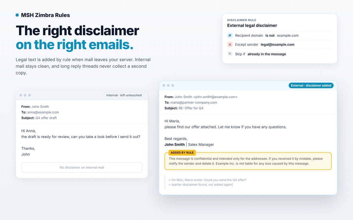 An internal email left without a disclaimer next to an email to an external partner with the legal disclaimer added by rule, and the rule conditions that decide it